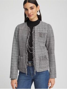 Chico's Black & White Plaid Fringed Open Jacket